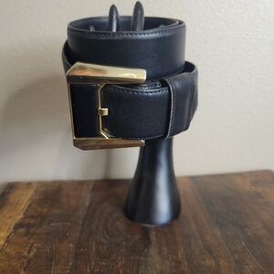 Vintage Liz Claiborne Black Leather Belt with Black and Gold Buckle